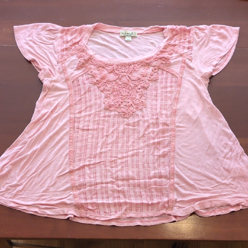 One World BOHO Short Sleeve Scoop Neck Tunic Top Small Pink Peach